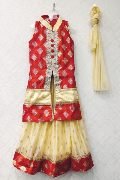Silk Red Kids Kurti Skirt Set With All Over Golden Butta Weaving And Stone Work (KRB16)